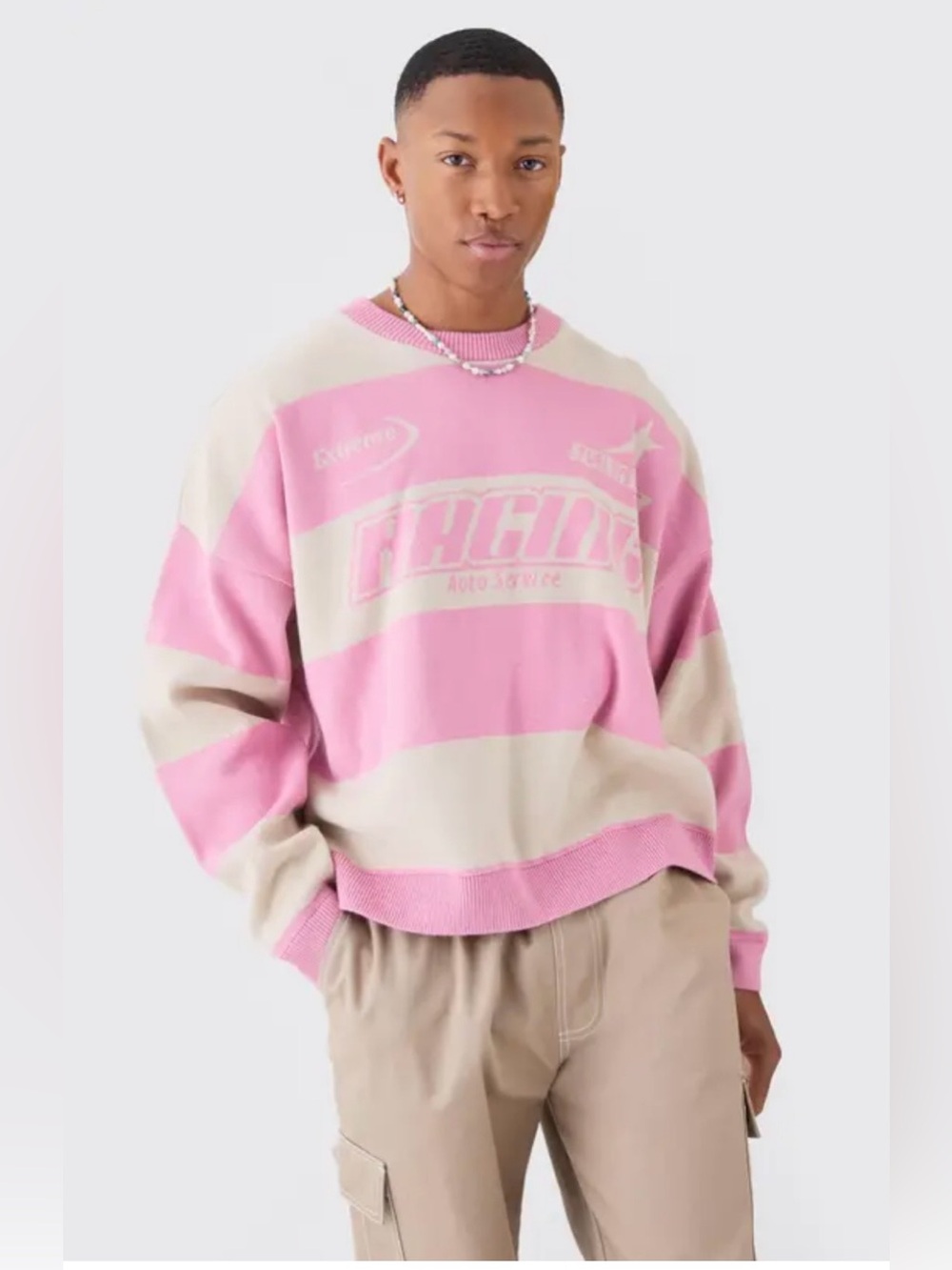 BoohooMAN Pink & Cream Graphic Racing Knit Sweater - Size L